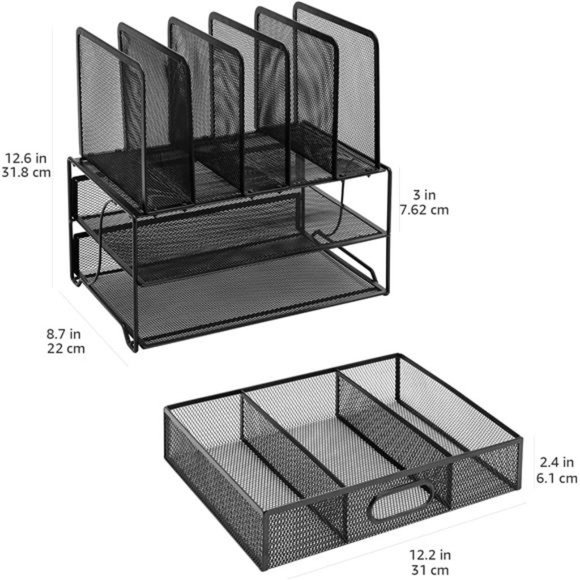 Mesh Desk Organizer with Sliding Drawer, Double Tray, Black - Picture 7 of 7